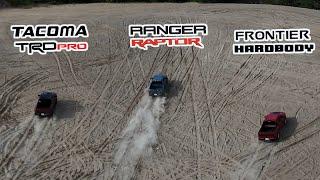 Sand Hill Battle! 2024 Ford Ranger Raptor vs Toyota Tacoma TRD Pro vs Nissan Frontier HardBody.