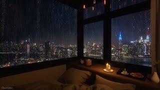 Cozy Bedroom With A Night View Of New York In Heavy Rain | Rain Sounds, Rain On Window