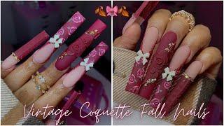 BURGUNDY VINTAGE COQUETTE NAILS/ FALL ACRYLIC NAILS WITH ROSE NAIL ART