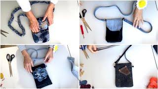 Tutorial: Small DENIM BAGS for phone you can make from OLD JEANS. 3 videos in 1 DIY