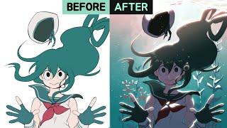 How to draw the underwater, Eng sub (MY HERO ACADEMIA, Tsuyu)