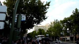 Real Madrid players arriving to a match by bus