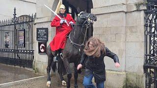 The moment the King's Guards horse rears up and runs toward at tourist #kingsguard