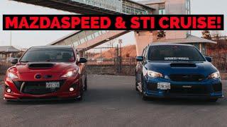 MAZDASPEED 3 CRUISE FT SUBARU STI! (POV DRIVE, EXHAUST CLIPS, DRIVEBYS)