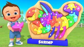 Learning Alphabets with Shrimp Wooden Puzzle Toy | Alphabets For Kids 3D Edu | ABC Songs Toddlers