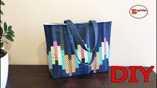 DIY STRIPE GINGHAM MIX DENIM PATCHWORK TOTE BAG SEWING TUTORIAL | PATCHWORK TOTE BAG TUTORIAL