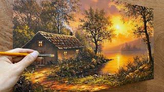 How to draw a house by the lake / Sunset landscape / Beautiful acrylic landscape painting / A Lu Art