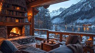 Smooth Jazz at Winter Balcony Ambience - Snowfall Day with Cozy Fireplace Crackling Sounds for Relax