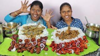 Hot & Spicy Fish 65 VS Chicken 65 with Fish Curry VS Chicken Curry Eating Challenge in Tamil Foodies