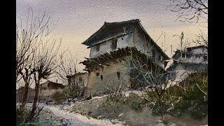 Watercolor Cityscape Painting - Village Scene