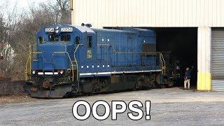 Old Locomotive has Trouble Switching Cars - Hits Garage Door + Wheel Slip!