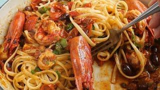 Spanish red shrimp and slow cooked octopus linguini