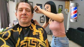 HAIRCUT By BARBER B's STUDENT BARBER GIRL "Best" (ASMR Relax) 