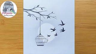 How to draw birds got freedom from the cage || Freedom - Pencil Sketch || Independence Day drawing