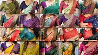 Beautiful Silk Sarees With Contrast Blouse Designs| Latest Silk Saree Blouse Front Neck Designs️|