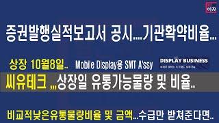 10월8일 상장 씨유테크 유통가능물량 및 기관의무확약비율.... 증권발행실적보고서 공시.. 비교적낮은유통물량비율 및 금액...수급만 받쳐준다면..