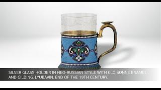 Silver glass holder in neo-Russian style with cloisonné enamel. Lyubavin. End of the 19th century.