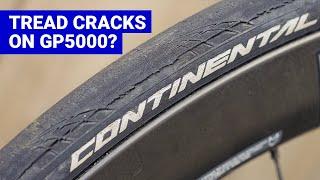 Cracking tread of a Continental GP5000 bicycle tyre (aka "dry rot")