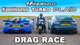 Koenigsegg v Tesla Plaid v Turbo Hayabusa: DRAG RACE