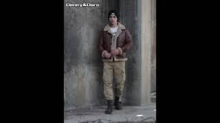 Denny&Dora Men's B3 Brown Shearling Coat Flight Jacket Motorcycle Jacket Short Fur Coat Winter Coats