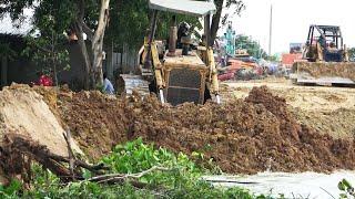 Incredible Land Filling Equipment Bulldozer Pushing Dirt and Dump Truck Unloading Dirt