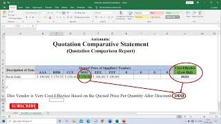 Automatic Quotation Comparison in MS Excel | Price Comparison Sheet | Pricing Analysis | Low Bid