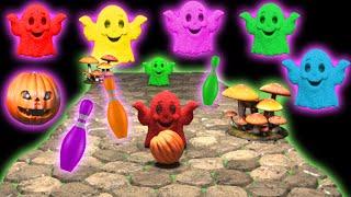  Pumpkin Bowling SMASHES Kinetic Sand Ghosts, & Animals!  Learn Colors  #halloween Fun for Kids