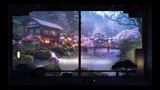 Rain + Distant Thunder On a Zen River Garden In Japan At Night, For sleep, study, relaxation | ASMR