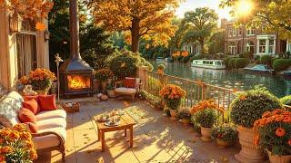 Autumn Terrace Ambience by the River  Relaxing Smooth Jazz Music & Cozy Fireplace for Unwind, Study