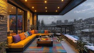 Apartment With A Living Room View Overlooking The City  Scene Of Gentle Snowfall, Warm And Peaceful