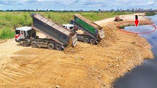 Wow!!Excellent Skill Dumping Soil Into Deep Water By Dump Trucks And Dozer Komatsu D53p Process