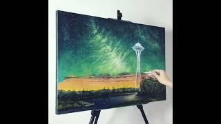 Painting a cityscape at night using acrylics  #shorts #acrylicpainting #cityscape