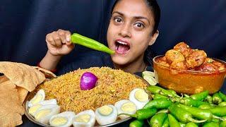 Eating 25 Spicy Egg Curry With Schezwan Singapore Fried Rice Mix Boiled Egg Chillis Papad Mukbang