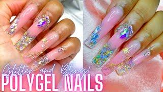 MY 1ST POLYGEL SET! GLITTER NAILS AND BLING NAIL TUTORIAL