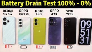 Oppo K12x vs Motorola G85 vs Redmi 13 5G vs Oppo A3x vs Vivo Y28s Battery Drain Test 100% - 0%