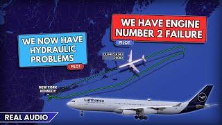 Engine failure and hydraulic problems. Lufthansa Airbus A340 returns to JFK Airport. Real ATC