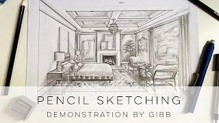 How to draw a 1 pt perspective bedroom with pencil shading - time lapsed conceptual sketch