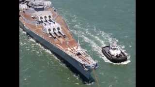 Battleship USS Iowa (BB-61) passing under Golden Gate bridge for her final voyage to LA. 05 26 2012