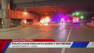 Police chase ends in fiery crash in downtown St. Louis, suspect flees