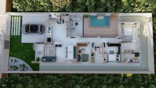 PLANTA BAIXA CASA EM "U" COM DOIS QUARTOS E UMA SUÍTE | PISCINA | TERRENO 10X25