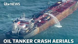 Aerial footage shows extent of damage after North Sea oil tanker and cargo ship collision | ITV News