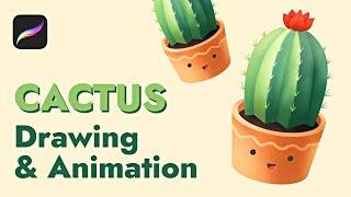 Cute Cactus Illustration with Flower Animation in Procreate