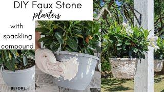 DIY faux stone planters with spackling paste or joint compound!