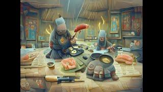 "authentic shaman making sushi. Painted by Shaun Tan, Ivan Bilibin and Studio Ghibli, trending on Ar