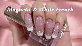 Sub Eng) Simple but pretty "magnetic gel + white French" nail  • Tip extension • Coppin shape