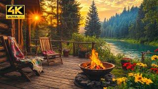 Cozy Summer Cabin Retreat by the River | Beautiful Sunset, Campfire, and Tranquil Nature Ambience 4K