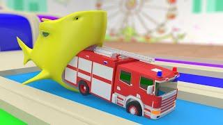 Giant Shark eating Fire Truck !! Learn Colors with Baby Shark and Trucks Parking Water Slide Colors