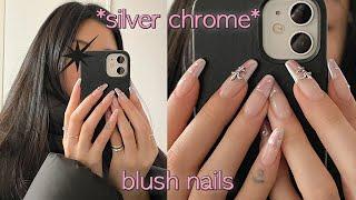 *𝘚𝘪𝘭𝘷𝘦𝘳 𝘊𝘩𝘳𝘰𝘮𝘦* blush nails🩶️ (with powder) | silver chrome nails | nail extensions at home 