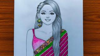 How to draw a traditional girl with beautiful saree | diwali special dress design | girl drawing