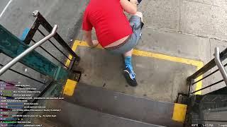 Adult toddler trips over last step NYC Subway